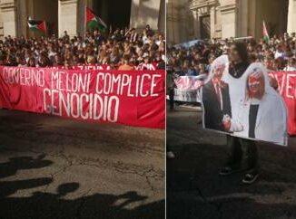 Manovra studenti in corteo. A Roma cori pro Palestina e foto Meloni e Netanyahu sporchi di sangue